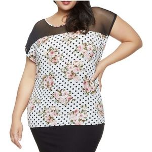 Ivory Pink Floral With Black Mesh Yoke Top